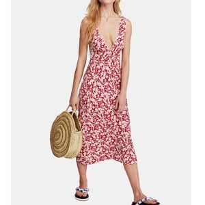Beachy Boho Spring/Summer Red Flowy Floral V-Neck Midi Dress Size 6